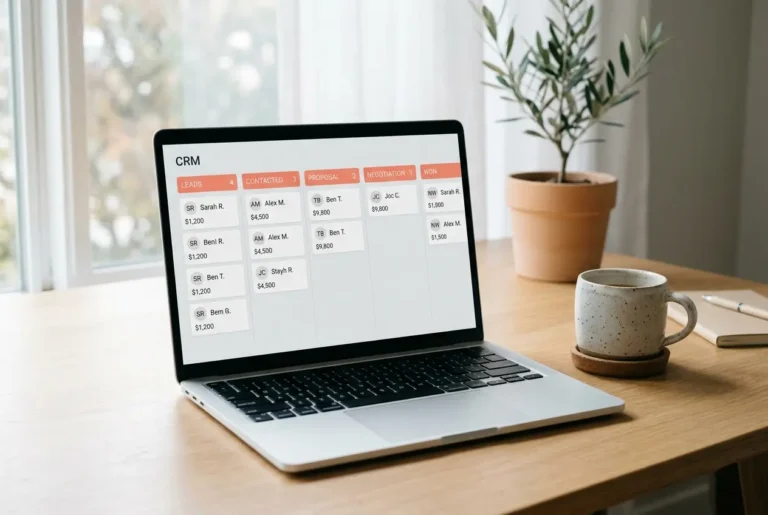 Laptop displaying a simple sales pipeline board on a clean desk