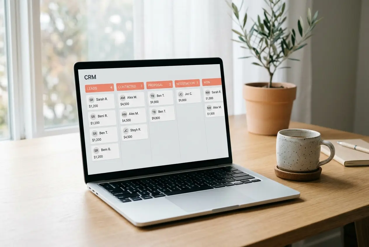 Laptop displaying a simple sales pipeline board on a clean desk