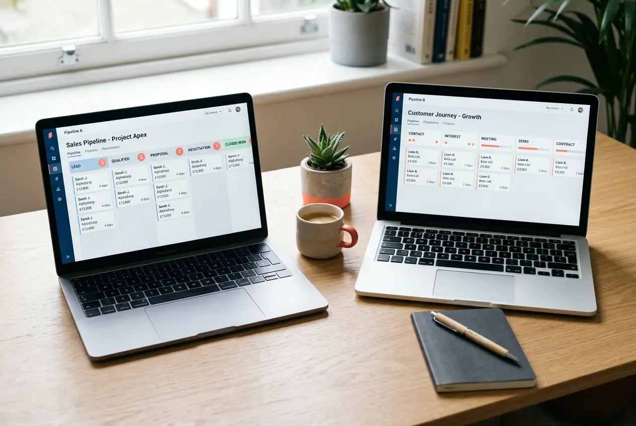 Two laptops side by side showing different CRM pipeline interfaces for comparison